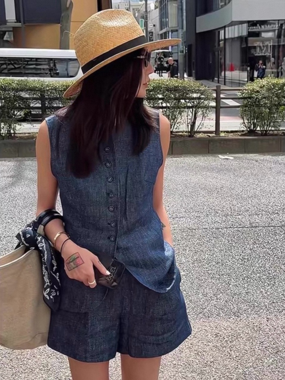Sleeveless Denim Button-Front Top & Shorts Set - Navy Blue size Small